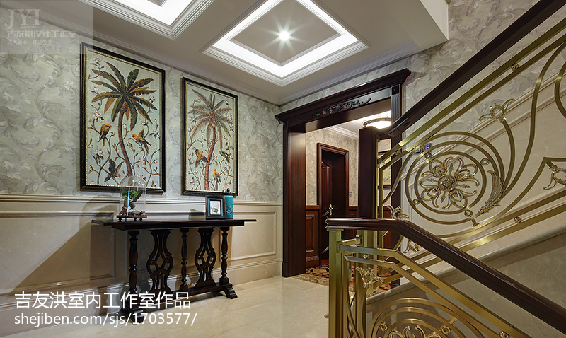 玄关装修效果图奢华美式风格过道吊顶装修效果图美式玄关设计图片赏析