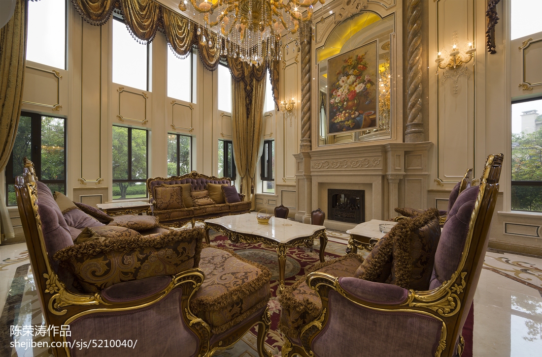 客厅窗帘装修效果图别墅欧式风格壁炉装修欧式豪华客厅设计图片赏析