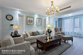 蓝色客厅窗帘装修效果图轻奢157平美式四居客厅美图