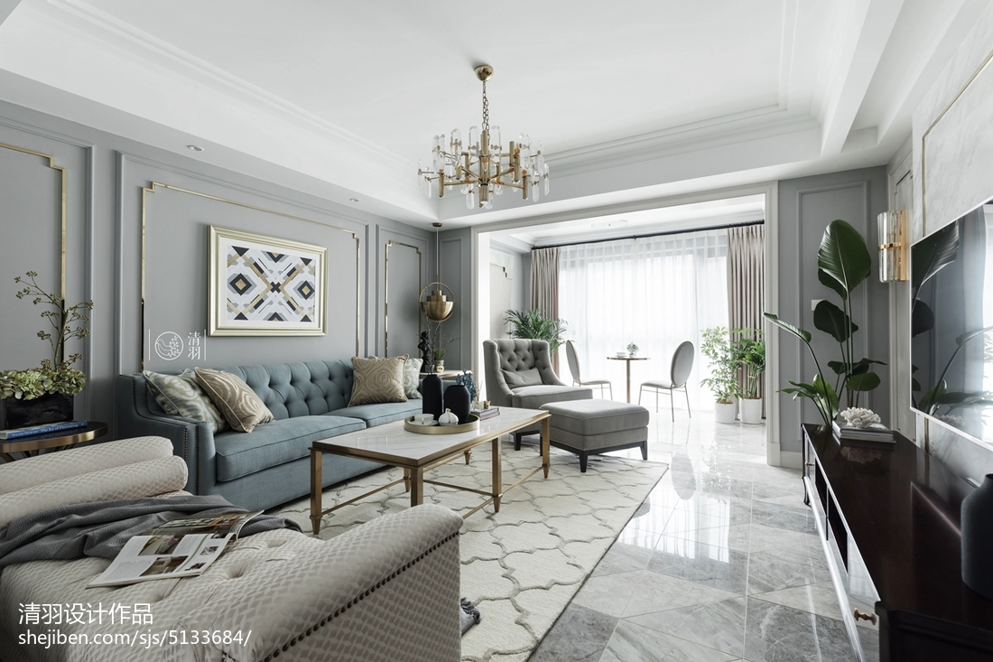 客厅窗帘装修效果图灰色系美式四居客厅设计图美式经典客厅设计图片赏析