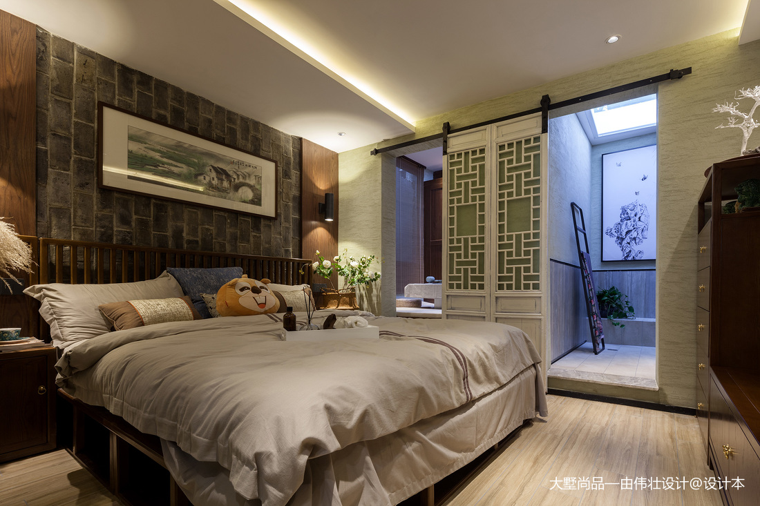 卧室床装修效果图中式风57㎡复式豆荚户型变身六新中式卧室设计图片赏析