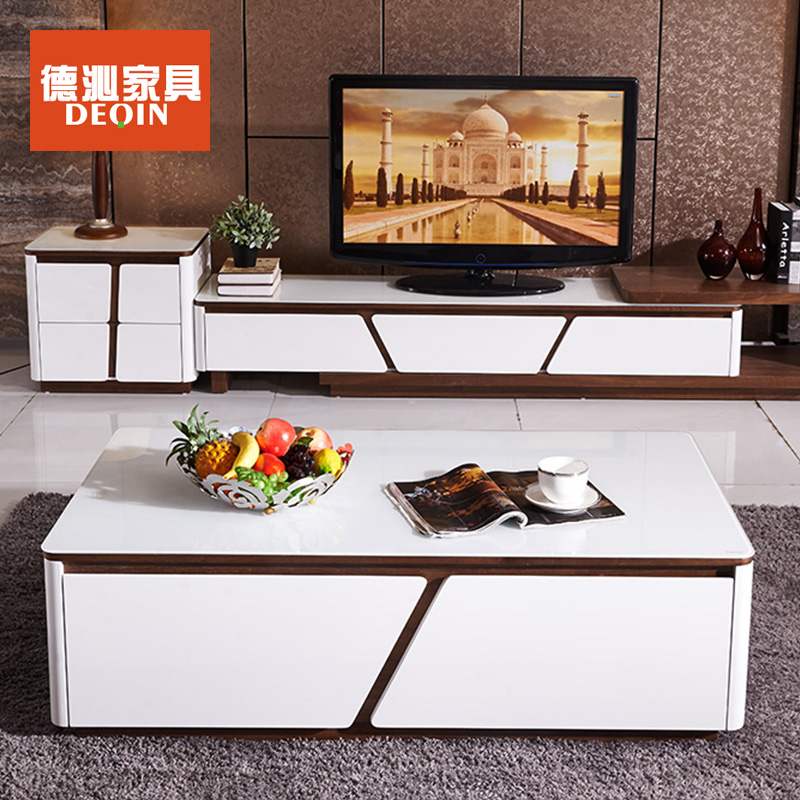 德沁 家具 茶几电视柜组合现代简约风烤漆可伸缩电视柜茶几斗柜组合